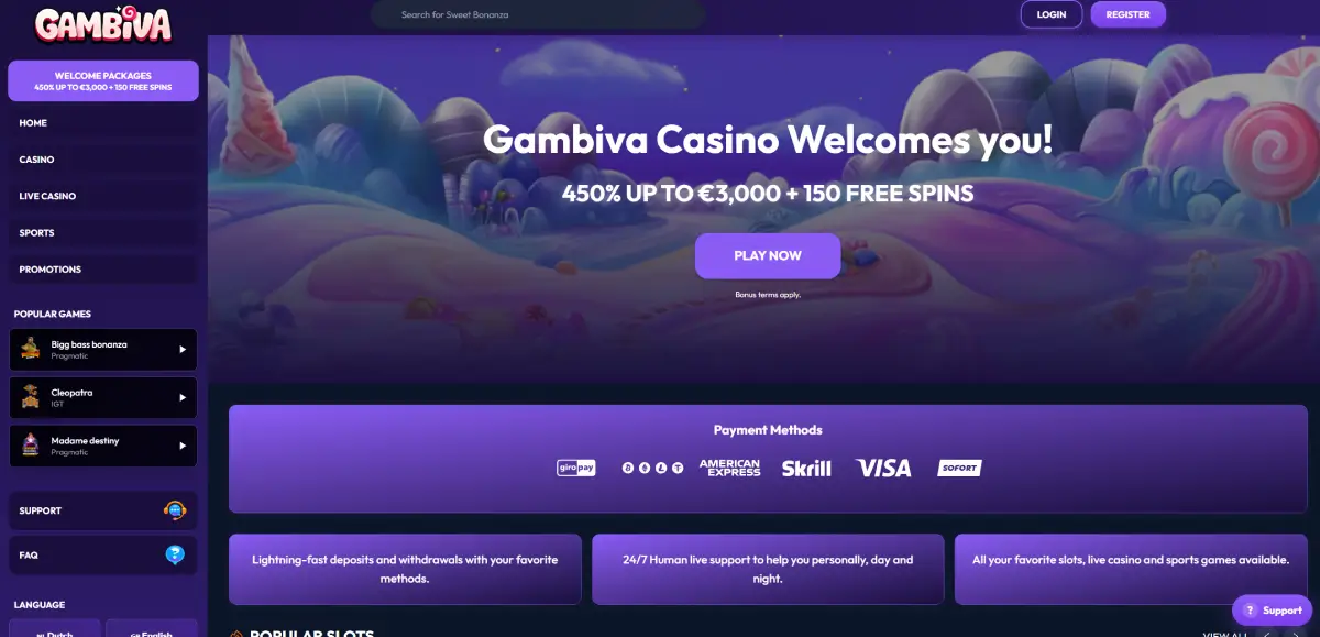 Gambiva casino homepage