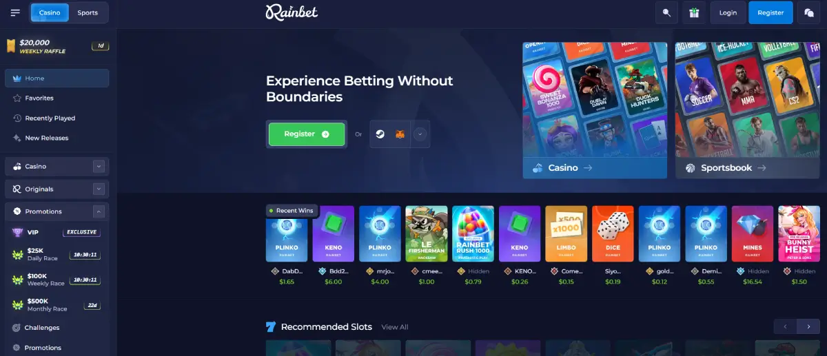 Rainbet casino homepage