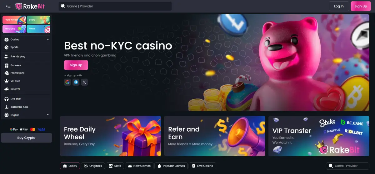 Rakebit casino homepage