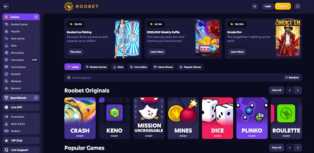 Roobet casino homepage