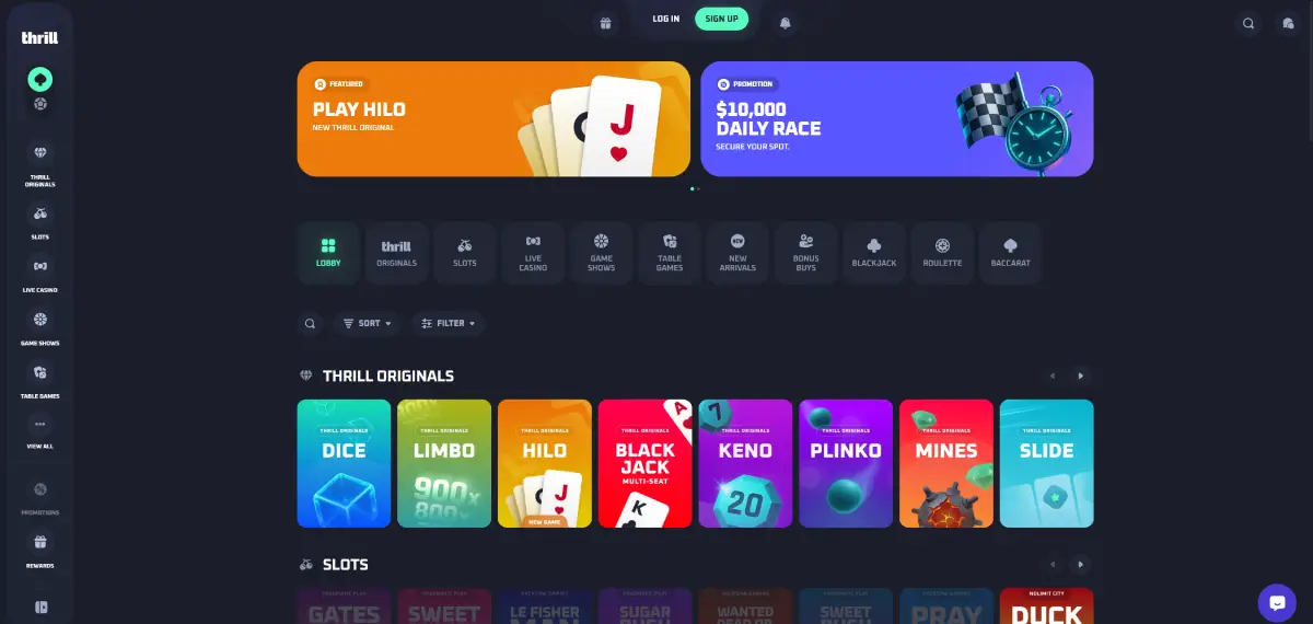Thrill casino homepage