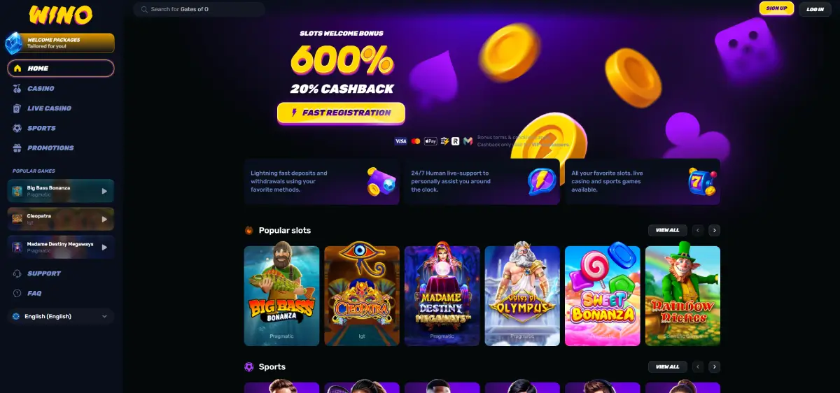 Wino Casino homepage